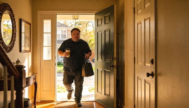 Middle-aged man entering suburban foyer with takeaway coffee and bag in warm morning light