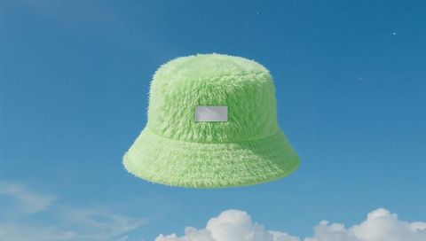Vibrant green fuzzy bucket hat floating against blue sky
