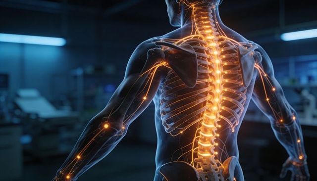 Glowing spinal cord and neural pathways in transparent male back for medical education