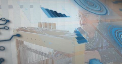 Elderly artisan weaving on wooden loom with augmented reality overlays and data charts