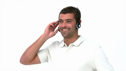 Man Enjoying Music with Headphones Against White Background