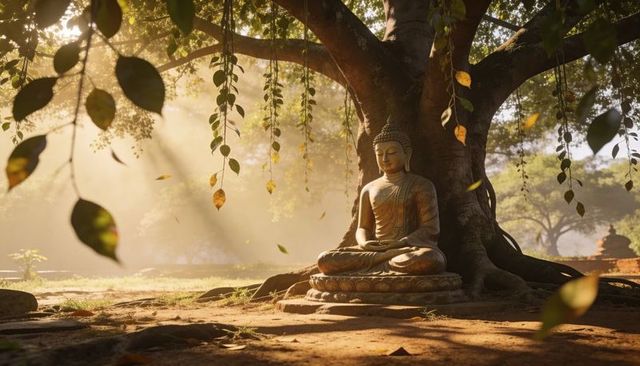Sitting buddha bathed in golden sun rays under bodhi tree at ancient temple grounds
