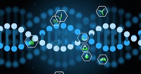 Glowing dna double helix with eco hexagons highlighting biotech and green innovation