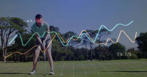 Woman Golfer Focusing on Putt with Business Chart Overlay