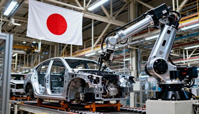 Robotic arm assembling silver sedan chassis on conveyor in Japanese car plant
