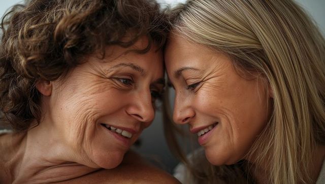 Mature women sharing tender forehead touch and gentle smiles in intimate bedroom moment