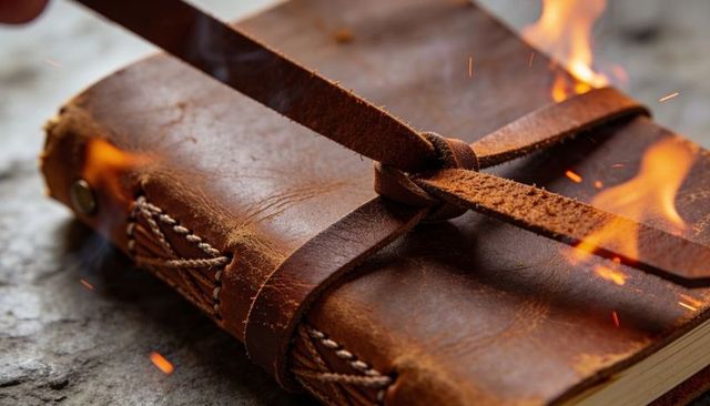 Burning leather-bound journal with knotted strap and glowing embers close-up