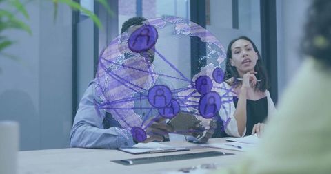 Business Team Collaborating with Holographic Global Network Concept