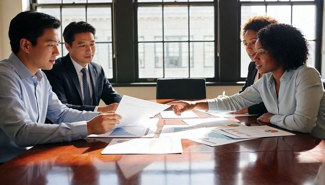 Collaborative business team reviewing financial charts and reports around conference table