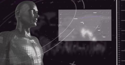 Digital interface overlaying human figurine in data process