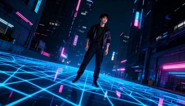 Cyberpunk Nightscape: Asian Man Standing on Glowing Blue Grid in Futuristic Neon City