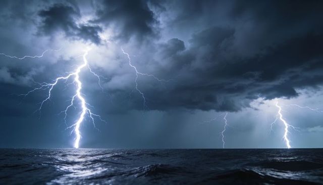 Dramatic lightning strikes illuminating open ocean at night reflecting on choppy waves