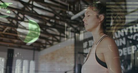 Running woman on treadmill with fitness data overlays tracking performance and analytics