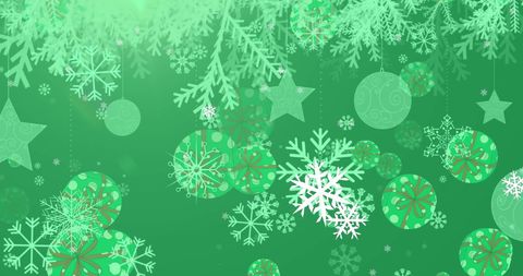 Christmas Snowflakes and Baubles on Festive Green Background