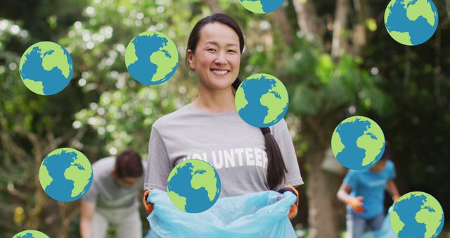 Smiling Volunteer Collecting Trash in Park with Earth Icons - Download Free Stock Images Pikwizard.com