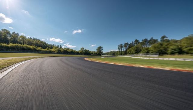 Curving Racetrack with Asphalt and Guardrail under Clear Blue Sky