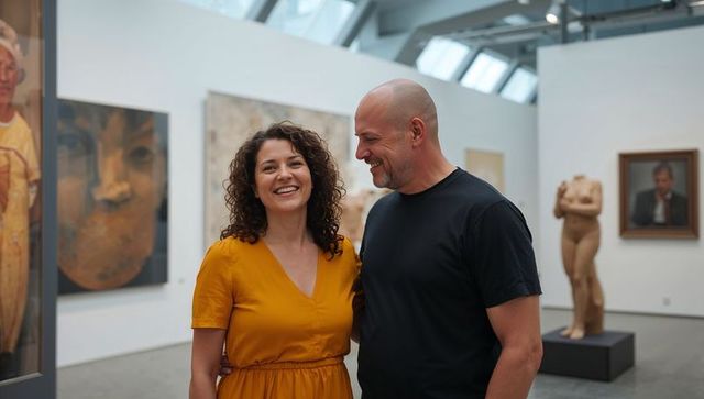 Smiling couple enjoying museum visit beneath skylights with sculpture and modern paintings