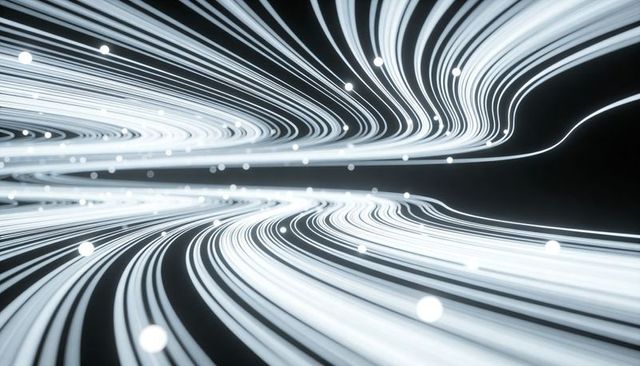 Flowing luminous data streams with curving neon ribbons and glowing orb nodes