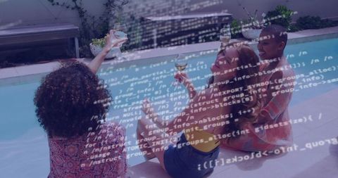Toasting friends poolside with wine, code overlay blending summer leisure and digital work