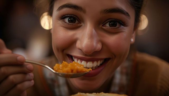 Smiling woman eating spoonful of orange mash in cozy restaurant closeup portrait