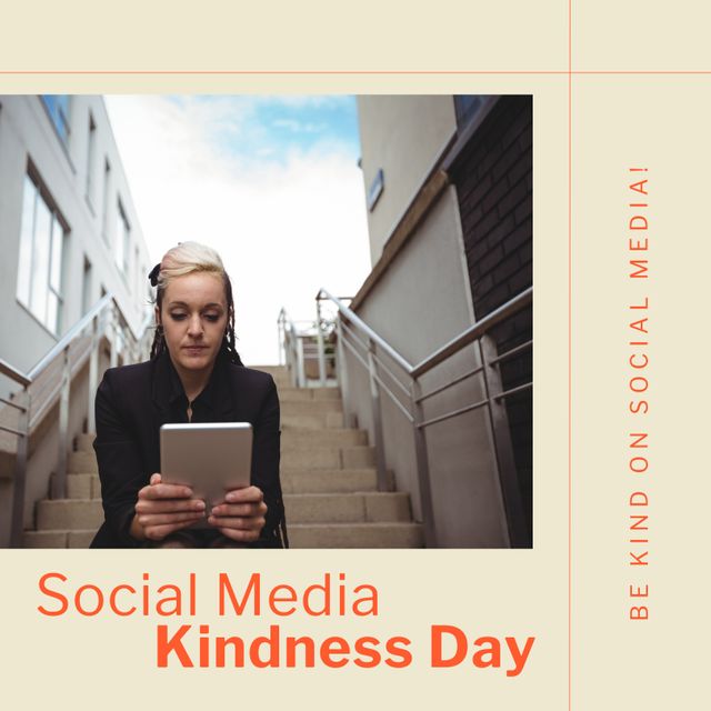 Caucasian young woman using digital tablet on stairs in city, social media kindness day text. Copy space, digital composite, raise awareness, being kind online, celebration, technology.