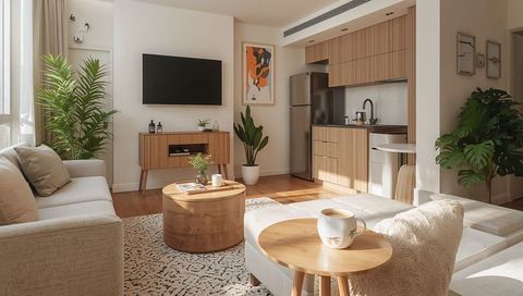 Sunlit scandinavian studio living room featuring round wooden side table and ceramic cup