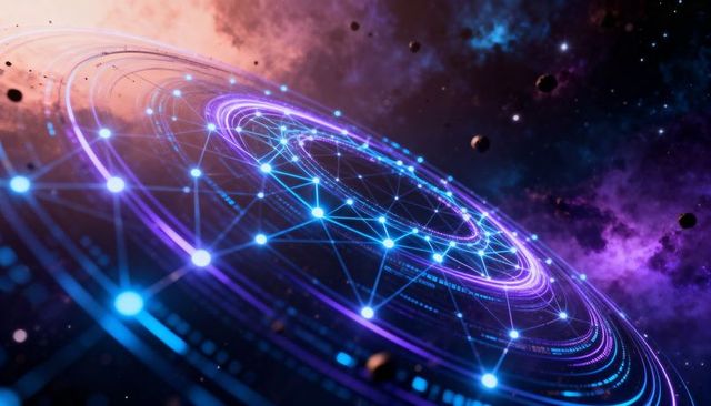 Neon cosmic network disc with concentric rings and glowing nodes for futuristic tech