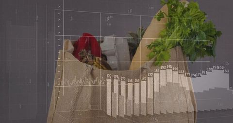 Sustainable grocery data visualization: burlap bag with baguette, produce and analytics