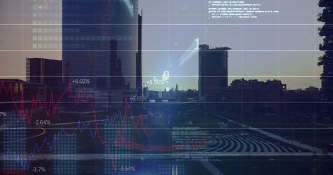 Glass Tower Skyline Merging with Financial Charts Overlay at Dusk for Fintech Visuals