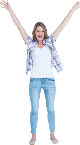 Transparent Energetic Young Woman Raising Arms