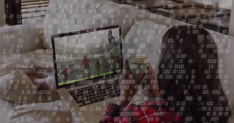 Digital Soccer Streaming with Futuristic Binary Code Overlay