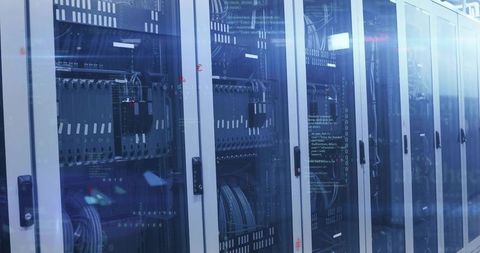 Modern data center with glowing server racks and ethernet cables