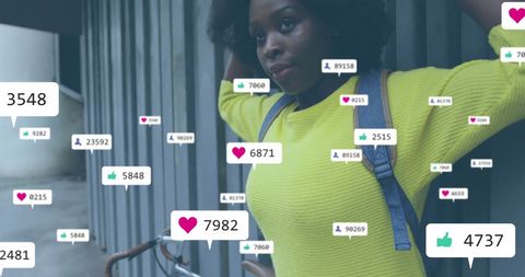 African American Woman Studying Social Media Engagement Layout