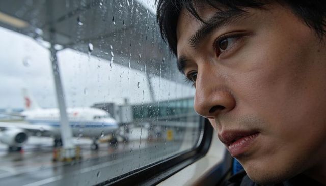 Contemplative asian traveler gazing through rain-speckled aircraft window at airport gate