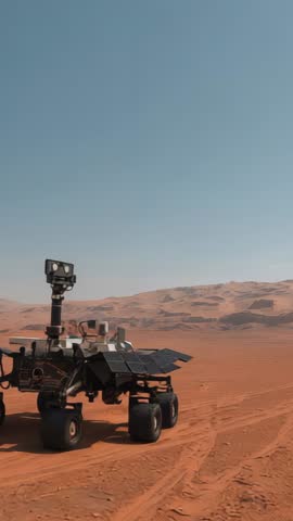 Vertical rover activating solar panels traversing red sand plain with camera mast