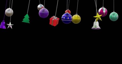 Colorful Hanging Christmas Ornaments on Black Background