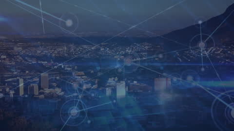 Futuristic Digital Network Overlay on Modern Cityscape