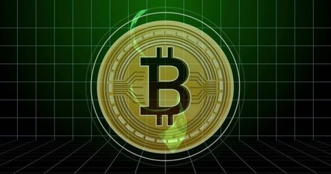 Rotating bitcoin coin with green arrow in futuristic grid neon holographic blockchain visualization
