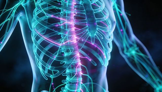 Translucent torso revealing rib cage sternum thoracic spine with neon neural pathways