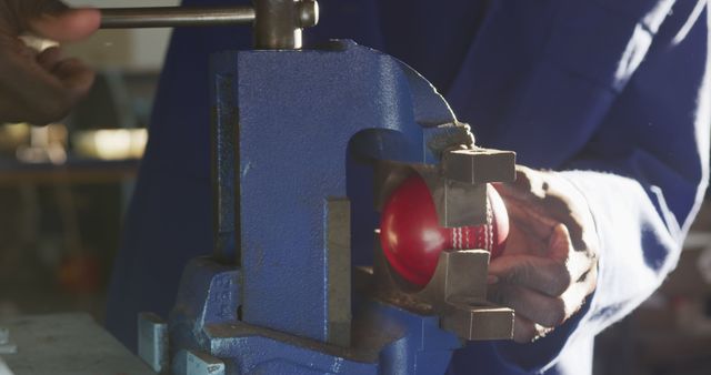 Close-Up of Hand Using Bench Vise to Hold Cricket Ball - Download Free Stock Images Pikwizard.com