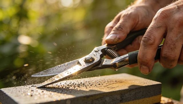 Sharpening pruning shears on whetstone backlit with water droplets and weathered hands