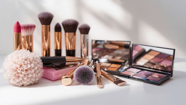 Rose-gold makeup brushes and colorful eyeshadow palettes on white vanity with lipstick, pink flower