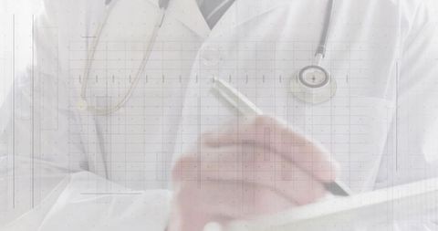 Doctor recording diagnosis with ecg overlay and stethoscope