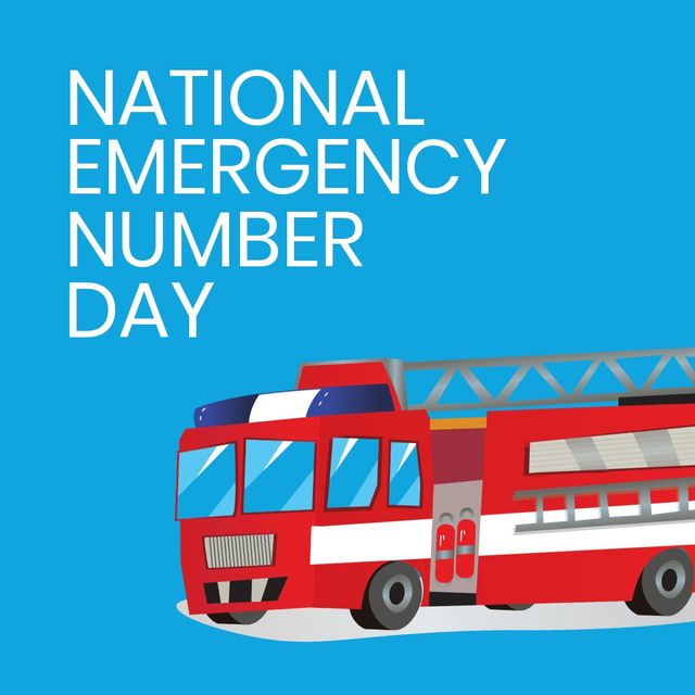 National emergency number day text banner with fire truck icon against blue background - Download Free Stock Videos Pikwizard.com