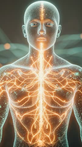 Vertical video showing glowing neural circuitry in torso visualizing nerve signal flow
