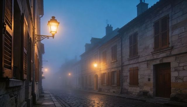 Glowing gas lamps illuminating foggy cobblestone street at blue hour in old town