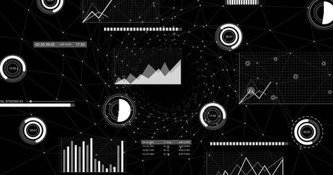 Displaying futuristic monochrome data dashboard with node mesh, charts and circular gauges