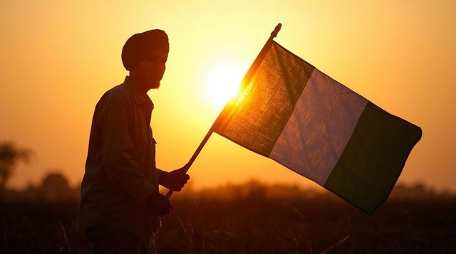 Man in turban holding green-white-green tricolor flag at sunset silhouetted in rural field
