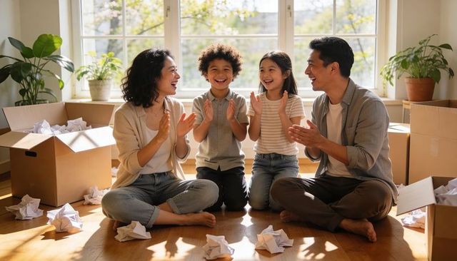 Sunlit family clapping while unpacking new home, joyful moving day celebration