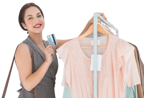 Caucasian woman with credit card and clothes on transparent background